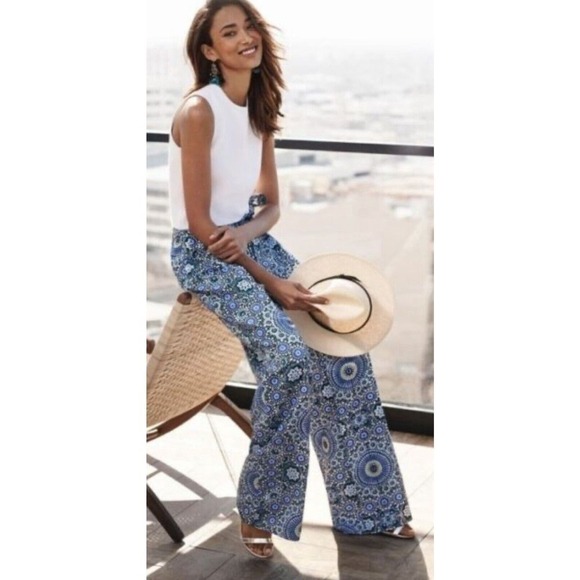 Banana Republic Pleated Blue Floral Boho Wide Leg Belted Sz 2 Silky Pants - Picture 1 of 14